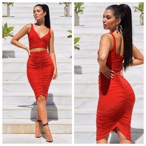 *NWT* Red Ruched Wrap Front Crop Top & Midi Skirt